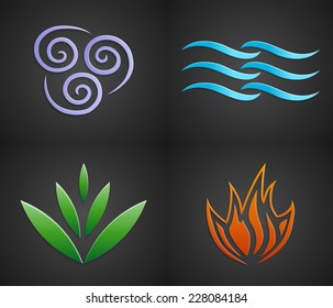 Vector symbols of four elements of nature: air, water, land, fire