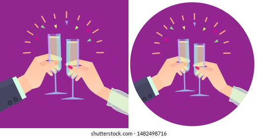 Vector symbols hand with_Romantic dinner man and woman glasses champaign in hands. Template color flat simple design for printing web banner, website.