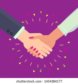 Vector symbols with hands_Classic handshake, greetings, congratulations Man and woman. Template color flat simple design for printing web banner, website.