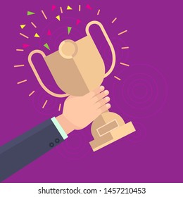 Vector symbols with hands_Cup winner in the hands of men. Congratulation. Template color flat simple design for printing web banner, website.