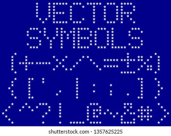 Vector symbols including 30 different punctuations written in led-like star(pen tangle) formed font, filled white with dark blue background color, same as the color of the STAR-SPANGLED BANNER.
