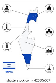 Vector symbols of Israel. Map of Israel. 