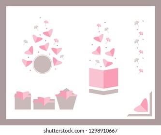 Vector symbols of love for Mother's Day, Valentine's Day, birthday greeting card design. Simple design. Many flying hearts, gift boxes.