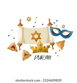 Símbolos vetoriais do feliz feriado israelense de Purim. Isole em um fundo branco. A ilustração é desenhada à mão. Feito à mão. Vetor