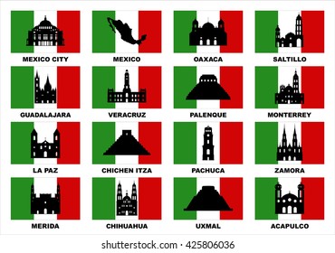 Vector symbols of Mexico. Famous places in Mexico.