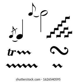 Vector symbols of musical alliteration ornament. Monochrome black signs on a white background. Elements for design. Textbook for students and music schools.