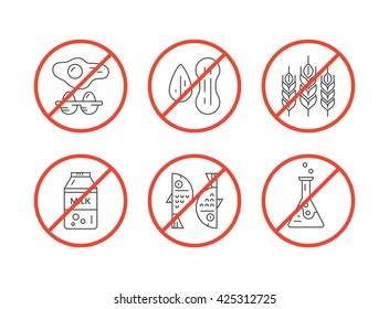Vector symbols no seafood, no lactose, no gmo, no gluten, no eggs, no nuts. Food intolerance vector icons.