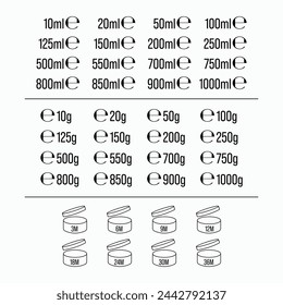 Vector symbols for packaging and labels used in European Union for prepacked food, liquid, Cosmetic products. E-sign (E-Mark)