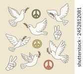 Vector Symbols of Peace - Hand Gesture, Dove, Olive Branch Design Template Set. Pacifist Icons, Vector Illustration