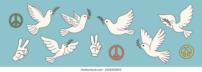 Vector Symbols of Peace - Hand Gesture, Dove, Olive Branch Design Template Set. Pacifist Icons, Vector Illustration