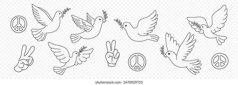 Vector Symbols of Peace - Hand Gesture, Dove, Olive Branch Design Template Set. Pacifist Icons, Vector Illustration