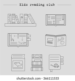 Vector symbols of reading and learning. Kids Book club illustration. Education logo element.