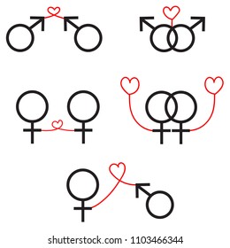 Vector - Symbols set of sexual isolated on white background. Man and Woman symbol. Black and red color. Icon.