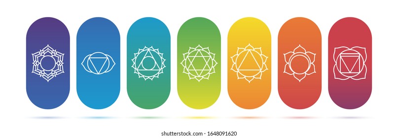 Vector symbols of the seven chakras for yoga, meditation and spa center. Set of mystical and esoteric icons.