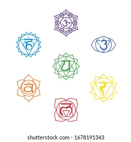 Vector symbols of the seven chakras for yoga and meditation. Set of mystical and esoteric icons.