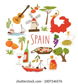 Vector symbols of Spain. Culture, food, people, trees, transport and architecture. 