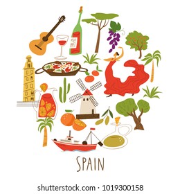 Vector symbols of Spain in round. Culture, music, dance, food and archtecture . 