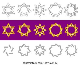 Vector symbols as stars. Vector pattern of stars. Vector design elements. Gold stars on a purple background and black and white stars.