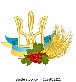 Vector symbols of Ukraine: Tryzub (Trident is the coat of arms of Ukraine), National flag, Kalyna (viburnum) and wheat. Colorful cartoon illustration of Ukrainian state and folk symbols