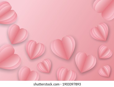 Vector symbols of Valentine's Day. birthday greeting card design. Space for text. Papercut design with pink paper hearts. Vector paper elements in the shape of a heart flying on pink background.