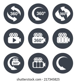 Vector symbols for virtual tour, circle grey labels - buttons with arrows and camera