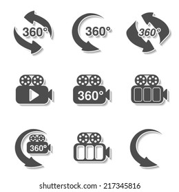 Vector symbols for virtual tour, grey labels - buttons with arrows and camera