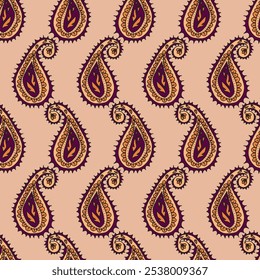 Vector symetrical mirror brown indian paisley motif seamless pattern