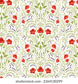 Vector Symmetrical Botanical Poppy and Wildflowers Floral Seamless Pattern on White Background