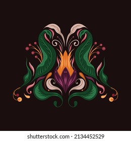Vector symmetrical clipart of vintage floral ornament. Baroque illustration of flowers and foliage on a dark burgundy background. Luxury curled damask image in flat style