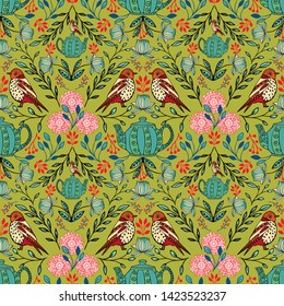 Vector symmetrical floral seamless pattern with folk art motifs