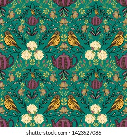 Vector symmetrical floral seamless pattern with folk art motifs