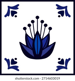Vektorsymmetrisches florales quadratisches Dekor mit Lilienblume im Keramikfliesenstil