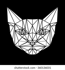 Vector symmetrical illustration of a cat. White triangles on black background. Made in low poly triangular style.