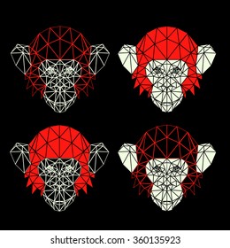 Vector symmetrical illustration of four chimpanzee monkeys. Red and white on a black background. Made in low poly triangular style.