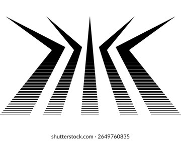 Vektorsymmetrisches Muster gebrochener schwarzer Linien auf weißem Hintergrund. Sharp Sport Design Element, Gestreifter Vektorhintergrund für Cover, Flyer, Werbung. Halbton