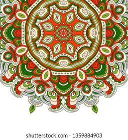 Vector symmetrical pattern in green and red colors. Mandala. Kaleidoscopic design. 