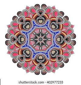 Vector symmetrical pattern in pink, blue and grey colors. Mandala. Kaleidoscopic design.Cinco de mayo. Ethnic background.