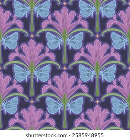 Vector symmetrical pattern with wild pink lilies and butterflies
