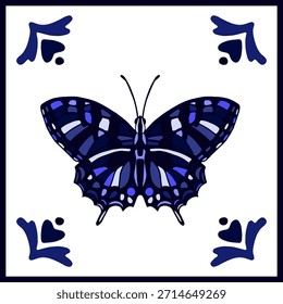Vektorsymmetrisches quadratisches Dekor mit Schmetterling im Keramikfliesenstil