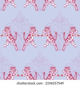 Vector Symmetrical Tigers with Flower Arabesque Drawing seamless pattern background. Perfect for fabric, scrapbooking and wallpaper projects.