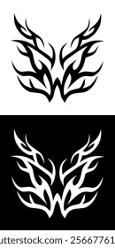 Vector symmetrical tribal tattoo design in two color variations: black on white and white on black. The design resembles stylized flames or wings, creating a striking visual effect.