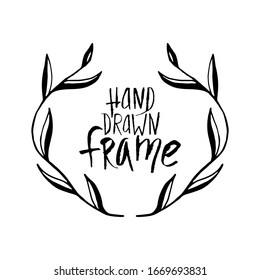 Vector symmetrical wreath of a flowering plant with large leaves. Black trace drawing of a tropical plant branch. Cursive frame with place for text.