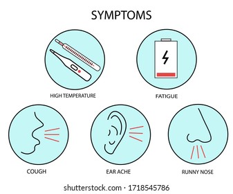 síntomas vectoriales infográficos, conjunto de iconos con síntomas tales como moqueo nasal, temperatura, tos y fatiga aislados en fondo blanco