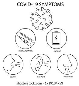 vector symptoms infographic, set of icons with such symptoms as runny nose, temperature, cough and fatigue isolated on white background