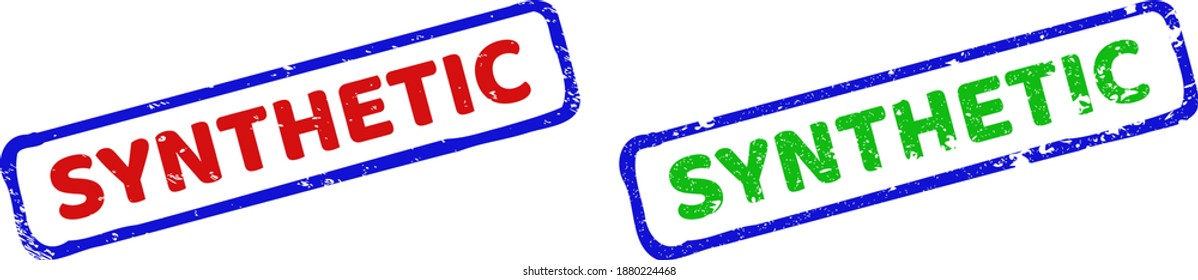 Impresiones enmarcadas SINTÉTICAS vectoriales con textura rayada. Sellos de sello rectangulares rígidos bicolor. Colores rojos, azules y verdes. Sellos de sello de grunge plano con frase SINTÉTICA dentro de un marco rectangular áspero.