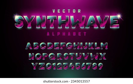 Vector synthwave alphabet. Modern font with purple and green tones. Metallic chrome effect with color gradient. Gaming, music or other retro, modern or futuristic subjects.