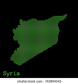 Vector Syria map dotted silhouette with green dots on a black background (as on old ancient computers running DOS)