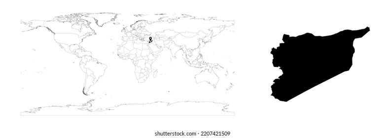 Vector Syria map showing country location on world map and solid map for Syria on white background. File is suitable for digital editing and prints of all sizes.