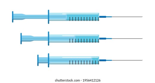Vector syringe with blue liquid inside. Three injectors in flat style on white background. Vaccine covid-19 injection