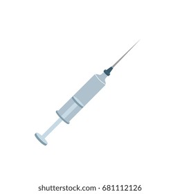 Vector syringe flat isolated illustration on a white background. Injector with needle for medical drug injection, vaccine for care and treatment. Cold and flu treatment concept